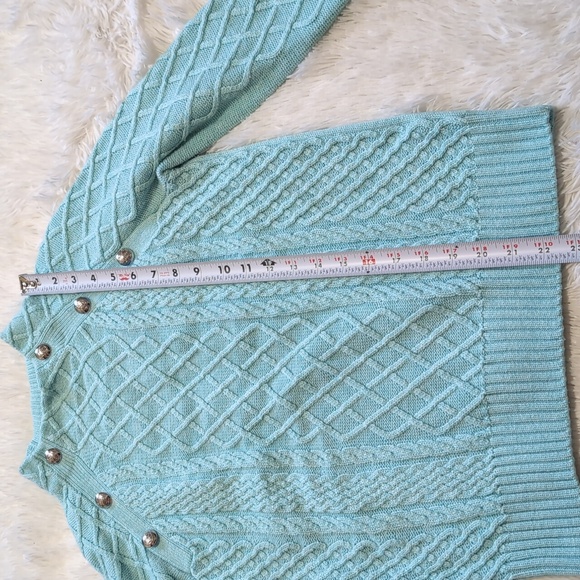 Talbots Light Blue Mock Neck Cable Knit Sweater with Silver Buttons Size Petite - Picture 8 of 11